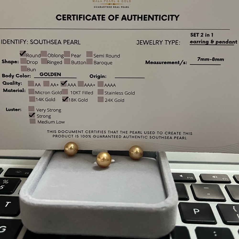 Authentic Champagne Southsea Pearls in 18k gold setting